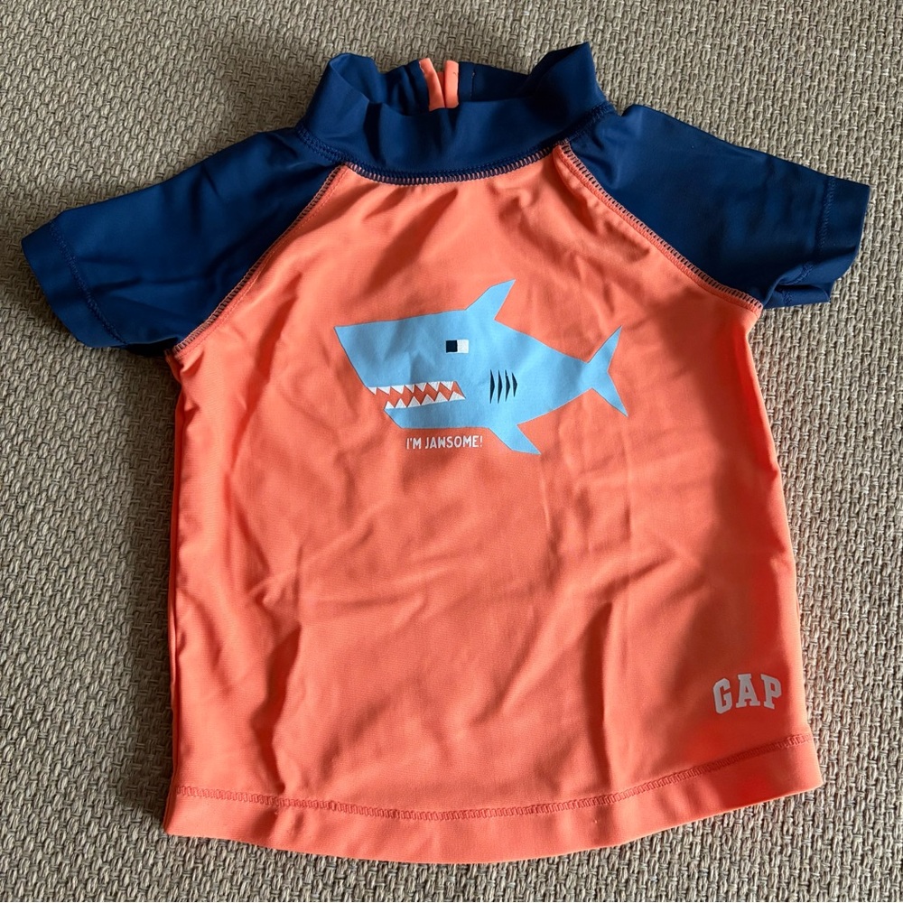 Baby Gap Swim Shirt 3-6 Months Orange Blue Short Sleeve Shark Rash Guard